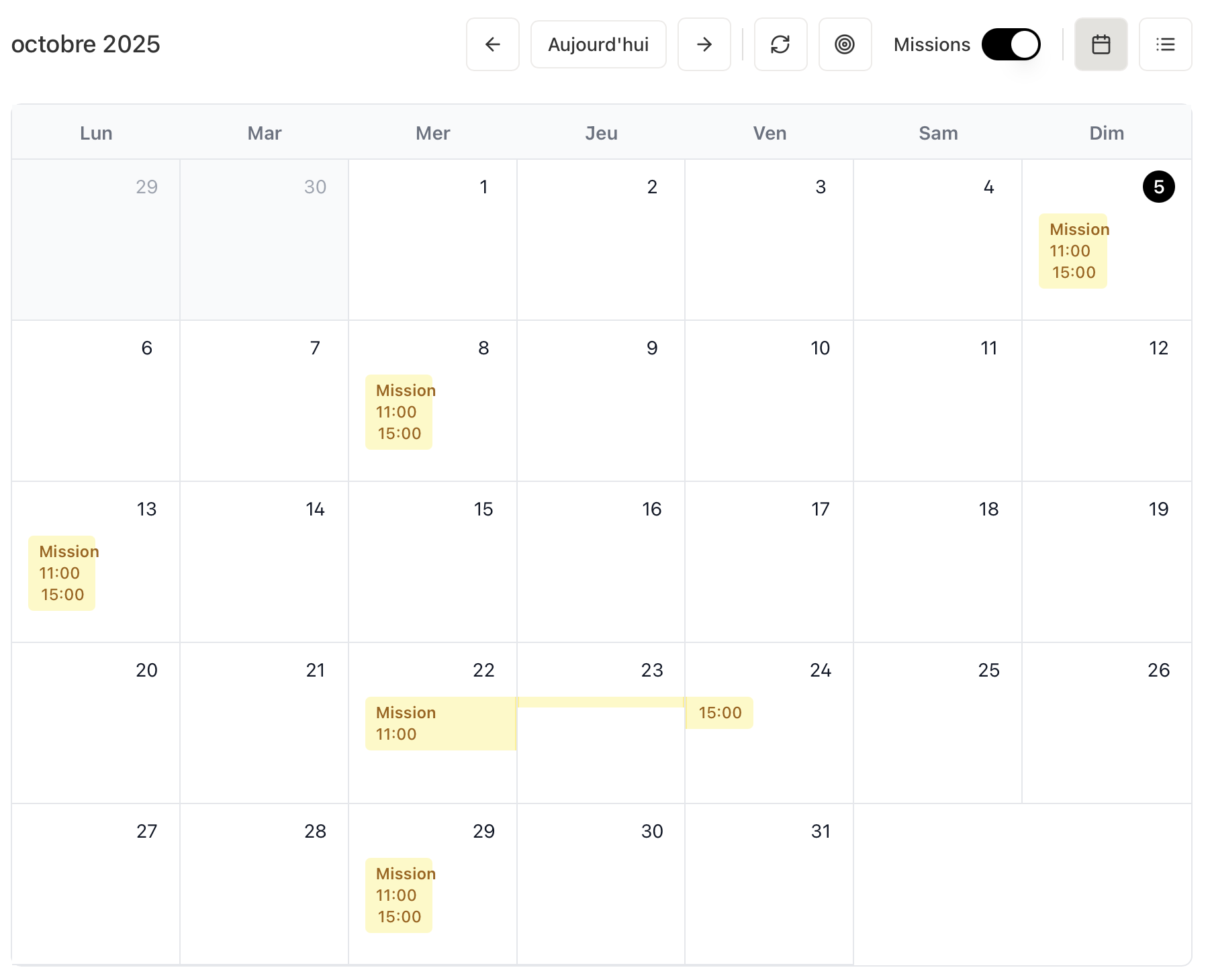 Interface Calensi - Mode clair