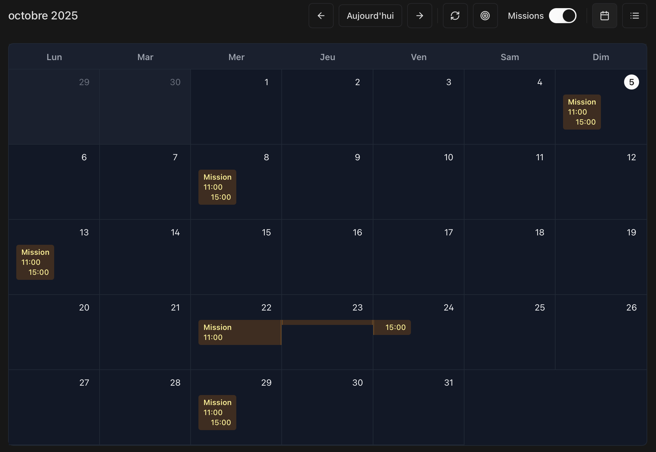 Interface Calensi - Mode sombre